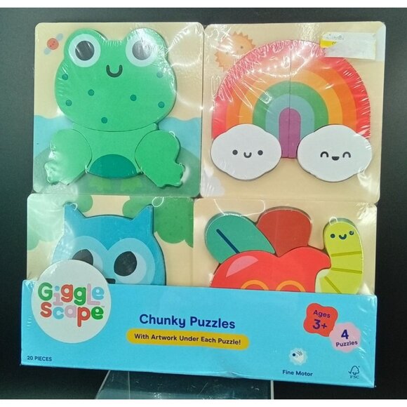 Gigglescape Chunky Puzzles 20-Piece Set Frog Rainbow Owl Apple Ages 3+ - Picture 1 of 6